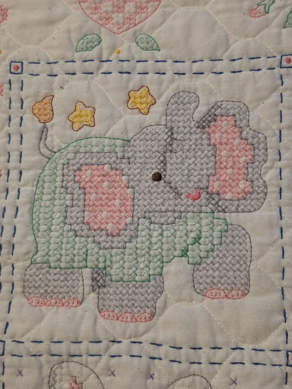 2009 Completed Bucilla Plaid Babies Are Precious Cross Stitch Baby Blanket